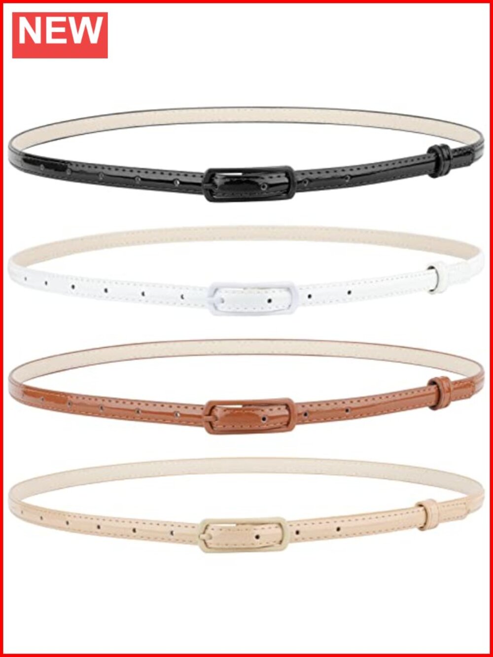 4 Pack Thin Skinny PU Patent Leather Belts with Metal Buckle